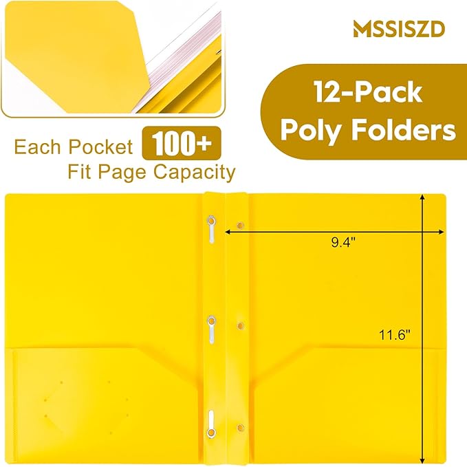 24-Pack Plastic Folders with Pockets and Prongs,2-Pocket Folders with 3 Fasteners, Holds 8-1/2" x 11" Paper for School/Office/Home, Yellow