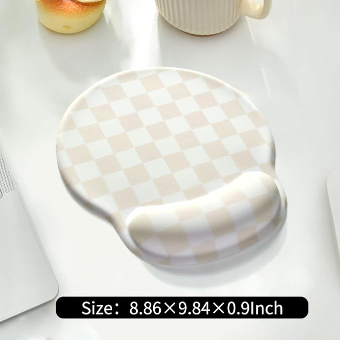Retro Checkered Mouse Pad with Support Wrist Rest,Cute Funny Boho Ergonomic Mouse Pad with Non-Slip Base for Office Gaming Working Computers,Desk Accessories Pain Relief,Beige