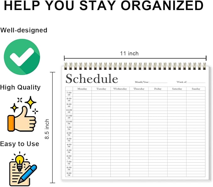 Weekly Schedule Planner - 8.5" x 11" Undated Weekly Planner (Schedule Planner) for Home, Work, School, Projects, 52 Weeks, Black