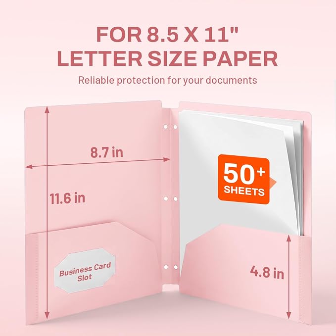 SUNEE 3 Hole Pocket Folders (6 Pack, Pastel Color), Plastic Pocket Folders for 3 Ring Binder, 3-Hole Punched Folder with Pockets, for Kids, Students, Teachers, Office Staff
