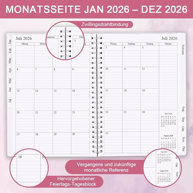 2026 Planner - Monthly Planner Runs January 2026 to December 2026, 6.25" x 8.25", 12 Monthly Tabs, 14 Notes Page, Inner Pocket, Flexible Cover with Twin-Wire Binding, Planners 2026, Pink