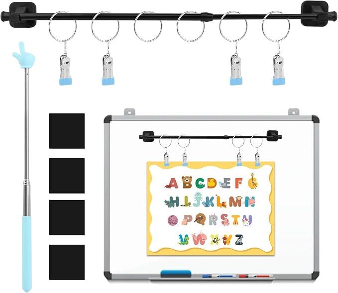 Magnetic Rod for Classroom Whiteboard, Adjustable 16–30 in Stainless Steel Magnetic Flip Calendar Holder with Reading Pointer, Easy to Install Anchor Chart Paper Holder for Preschool, Kindergarten