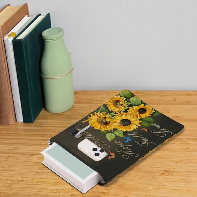 Sunflower Inspirational Book Sleeve, Book Lovers Gifts Sleeve with Zipper & Front Pocket, 11.4x8.8 Inch Canvas Books Cover Protector Bookish Inspirational Gifts for Readers Librarian Women Teacher