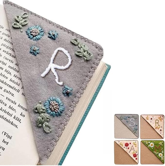 Personalized Hand Embroidered Corner Bookmark, 26 Letters Cute Flower Embroidered Corner Bookmark Embroidery Book Marker Clip for Book Lovers Bookmarks for Reading Lovers Meaningful GIF (Winter, R)