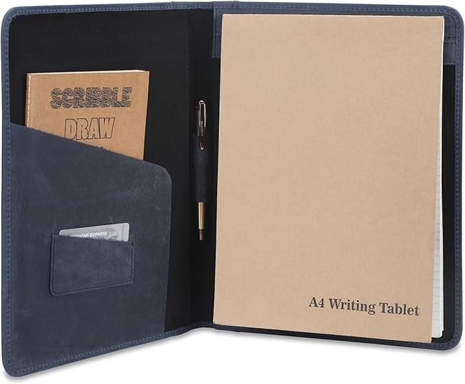 Heavy Duty Buffalo Leather Legal Pad Portfolio Handmade Executive Notebook Binder, Professional Padfolio Organizer Gift for Men and Women Genuine Leather Resume Document Holder (Blue)