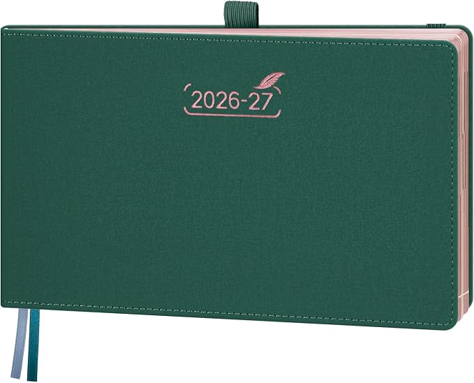 BEZEND Weekly Planner 2026 2027 Equal Weekend Space with Hourly Timeslot (Medium 9" x 5.5") 18 Months Academic Calendar (Jul 26-Dec 27) for Students, Work & Home, PU Leather Hardcover -Evergreen