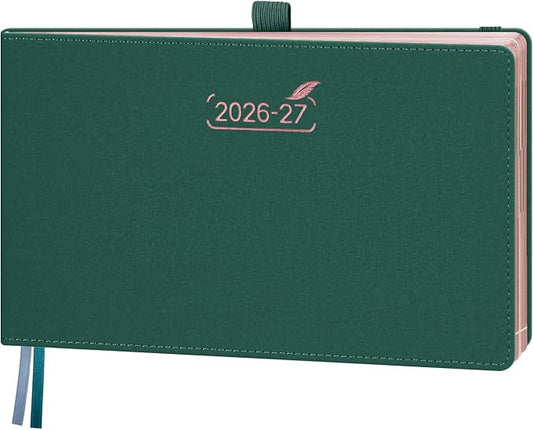 BEZEND Weekly Planner 2026 2027 Equal Weekend Space with Hourly Timeslot (Medium 9" x 5.5") 18 Months Academic Calendar (Jul 26-Dec 27) for Students, Work & Home, PU Leather Hardcover -Evergreen