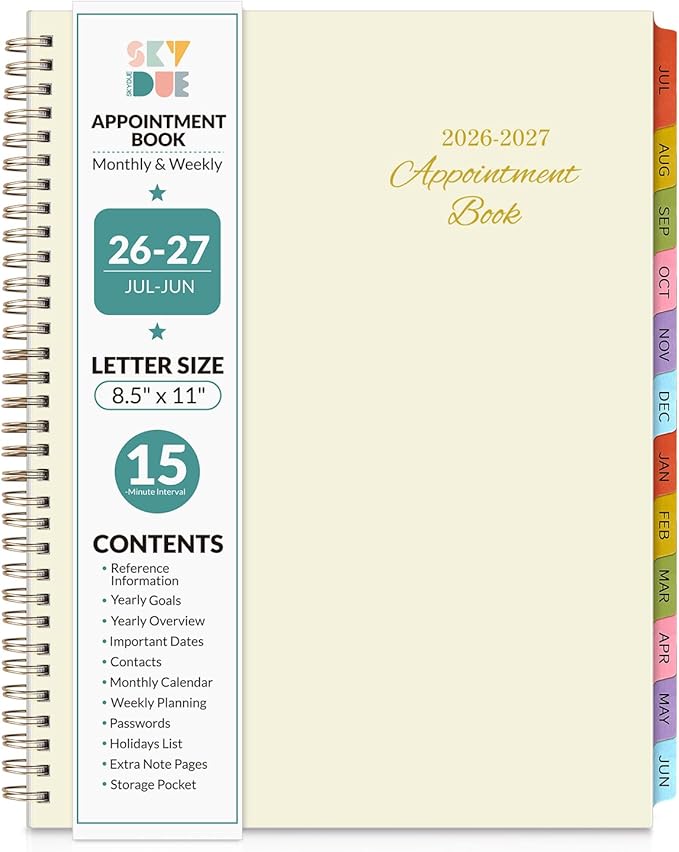 SKYDUE Appointment Book 2026-2027, Academic Hourly Planner from July 2026 - June 2027, 8.5" x 11" Weekly & Monthly Schedule Planner with 15-Minute Interval- Perfect for Daily Planning Creamy Oatmeal