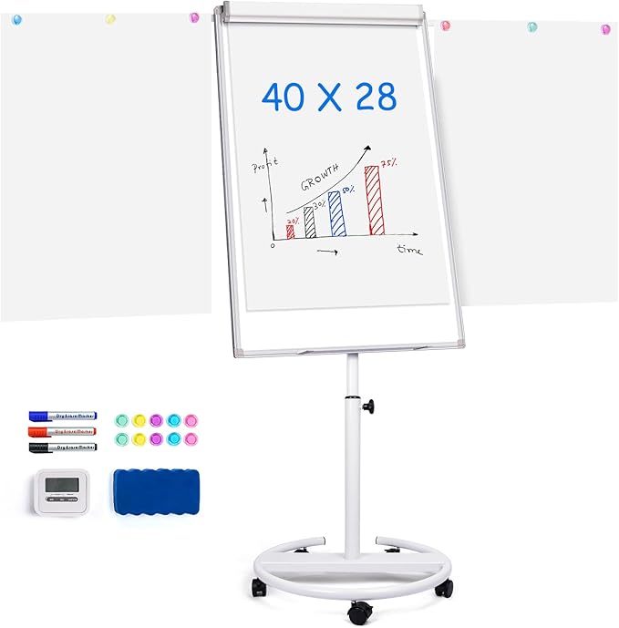 Maxtek Mobile Whiteboard 40 x 28 Inches, Magnetic Dry-Erase Flipchart Easel Stand with Height Adjustment, 2 Extendable Side Arms and 25-Sheet Paper Pad for Office, School, Home