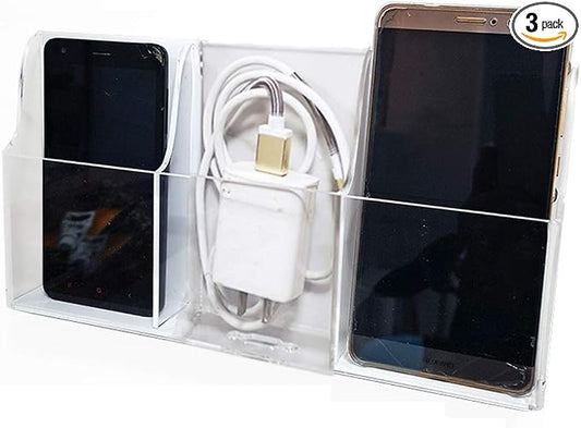 Acrylic Cell Phone Storage Holder Wall Mount TV Remote Control Media Storage Box Organizer White Back 3 Slots