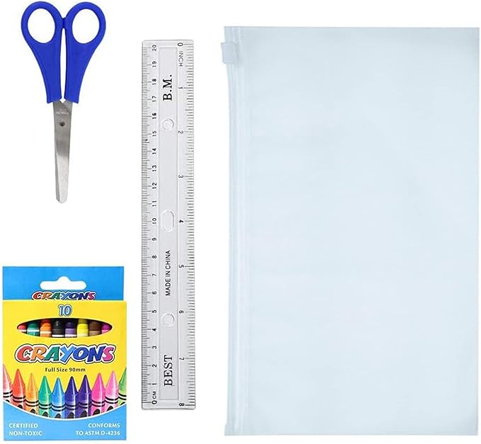 Moda West 50 Piece Bulk School Supplies Kits - Pens, Pencils, Crayons, and More - Value Pack of 12 Kits - Essential Box of School Supplies for Elementary, Middle, and High School Students