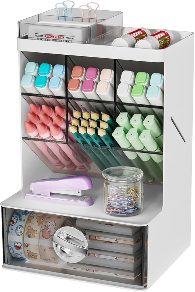 Office Desk Organizer with Drawer, 6 Compartments Pen Holder for Stationery & Craft, Multi-Purpose Art Supply Organizers Pencil Holder for Desktop, Vanity, Bathroom, Pantry & Home Storage