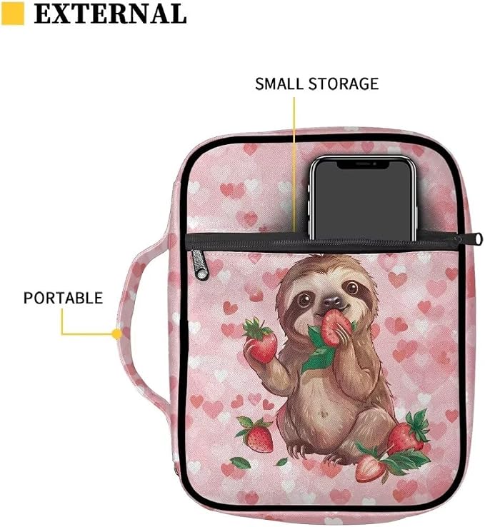 Coldinair Sloth with Strawberry Bible Cover for Women Teens Kid Girls,Carrying Book Case Church Bag Bible Holder with Handle and Zippered Pocket