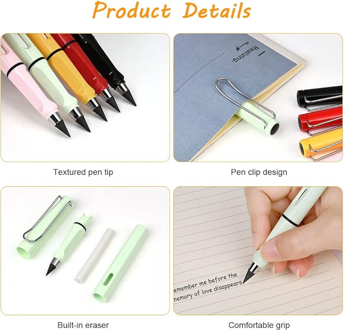 Ainiv Inkless Pencil with Eraser, 5 Sets Infinity Pencil Everlasting Pencil, Reusable Infinite Pencil with Extra 5 Eraser & 5 Replaceable Nibs, Endless Pencil for Home Office School Writing Drawing