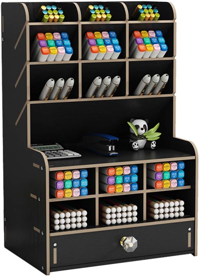 Wooden Desk Organizer with Drawer, Large Capacity DIY Pen Holder Storage Box Desktop Stationary Storage Rack, Pen Organizer Caddies for Office, Home and School Supplies (B16-Black)
