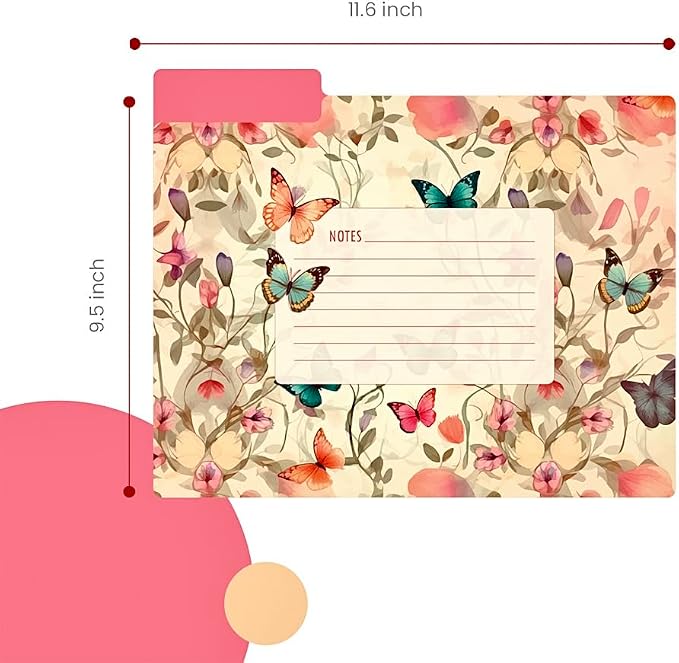 12pcs Decorative File Folders Letter Size, Butterfly Design Folders with Notes, Cute File Office Folders with Floral Patterns, 1/3 Cut Tab, Matte Paper Archival File Folders