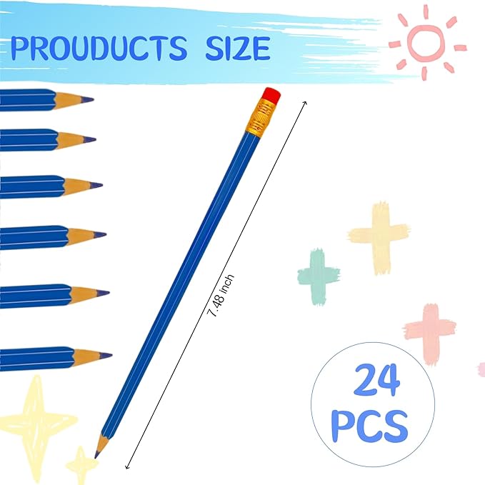 24 Pcs Erasable Checking Pencils, Pre-Sharpened, for Marking, Coloring, Tests, Grading, Office, (Blue)
