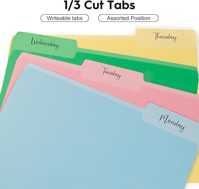 100-Pack Color File Folders, 1/3 Cut Tab, Assorted 10 Colors Letter Size Manilla Folder for School/Office/Classroom
