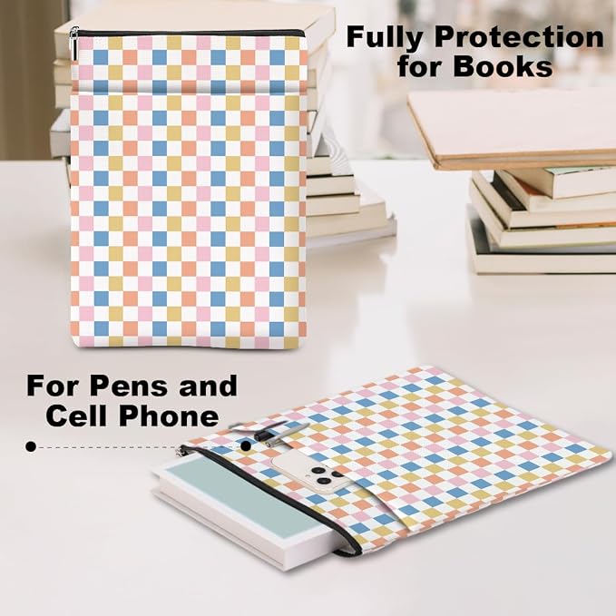 Retro Plaid Book Lovers Gifts Book Sleeve Vintage Checkered Waterproof Book Cover Book Pouch Book Protector with Front Pocket Book Club Christmas Birthday Gifts for Women Girl Mom Book Accessories