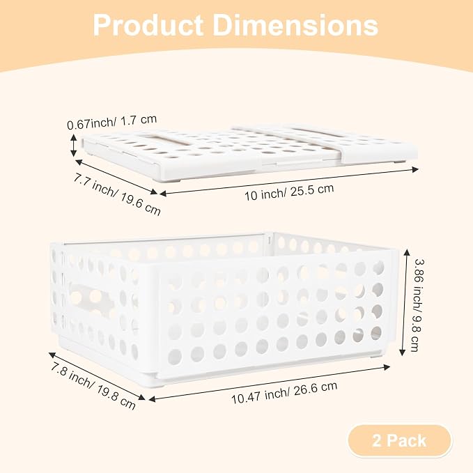 SAYEEC 2 Pack Mini Foldable Plastic Baskets for Organizing Collapsible Crate with Handle Stackable Storage Bin Small Storage Container Box Caddy Desk Drawer Organizer for Home Office Classroom (White)