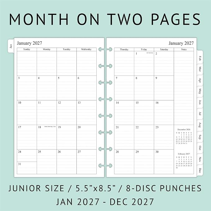 2027 Weekly & Monthly Planner Refill for 8-Discbound Planners, Two Pages Per Week, Junior Size, 5-1/2"x8-1/2"