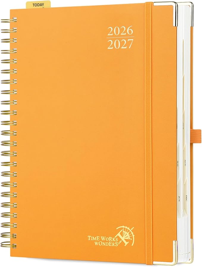 POPRUN 2026-2027 Daily Planner One Page Per Day, Large Size 8.5" x 12", Daily Calendar Book with July 2026 to June 2027, Academic Hardcover Appointment Book with Hourly Time Slots, Spiral Bound, Monthly Tabs - Orange