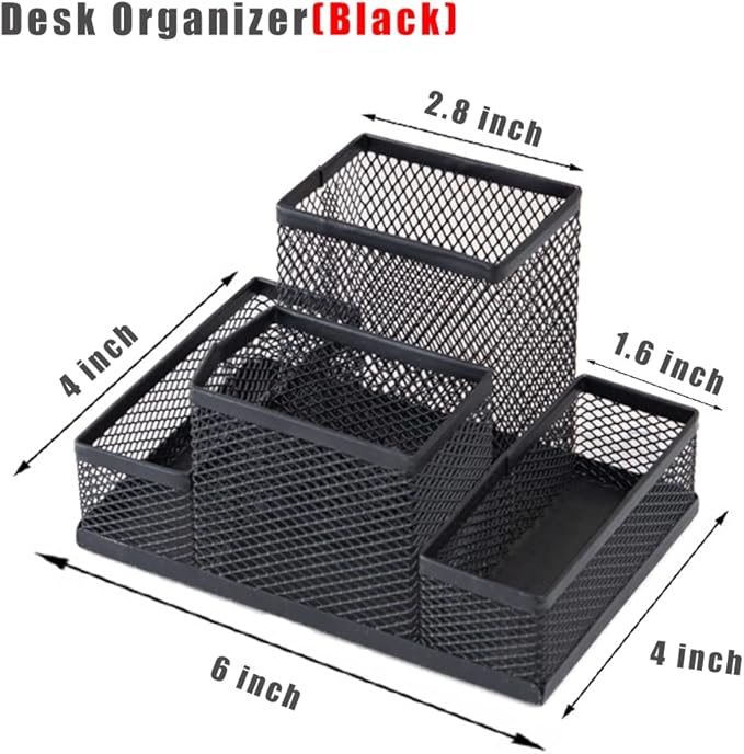 Desk Organizer Desktop Mesh Pen Pencil Holder Caddy with 4 Compartments, Office Home School Classroom Accessories Cool Supplies