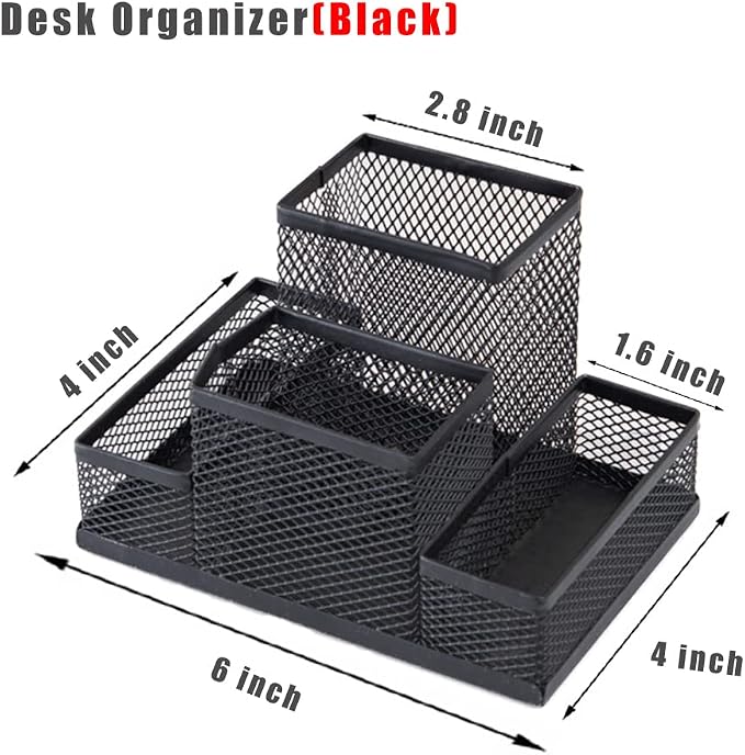 2 Packs Desk Organizer Desktop Mesh Pen Pencil Holder Caddy with 4 Compartments, Office Home School Classroom Accessories Cool Supplies (2Pcs Black)