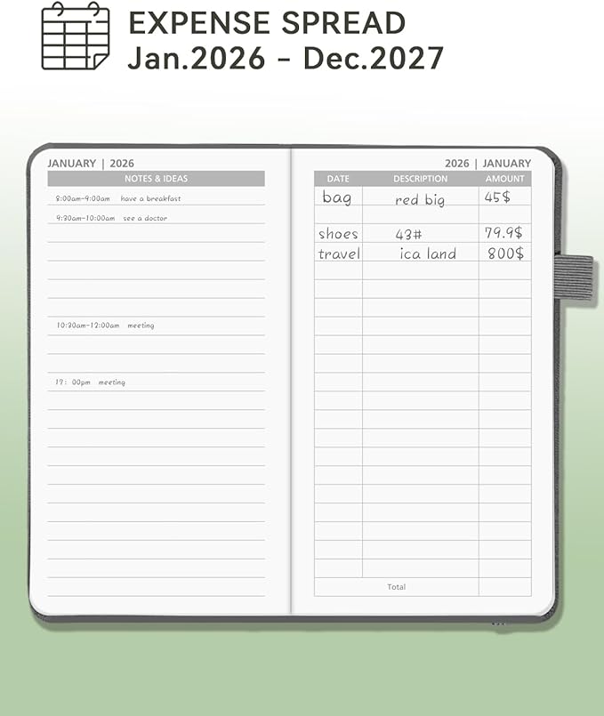Pocket Monthly Planner 2026-2027 by YihurKis - 2 Year Pocket Monthly Calendar (Jan.2026 - Dec.2027), 4 Page Per Month with Expense Pages 3.5" x 6", Leather Hard Cover, 100GSM Thick Paper - Grey Black