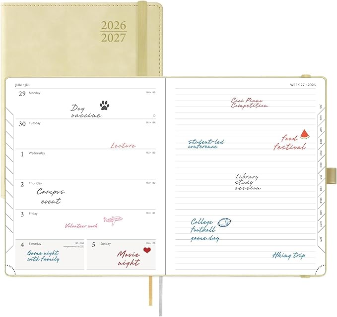 POPRUN Weekly Planner 2026-2027 (Large 8.5''x 10.5'') Academic Calendar (JUL.26 - JUN.27) Appointment Book with Monthly Tabs, Leather Soft Cover, Inner Pocket, 100 GSM - Beige