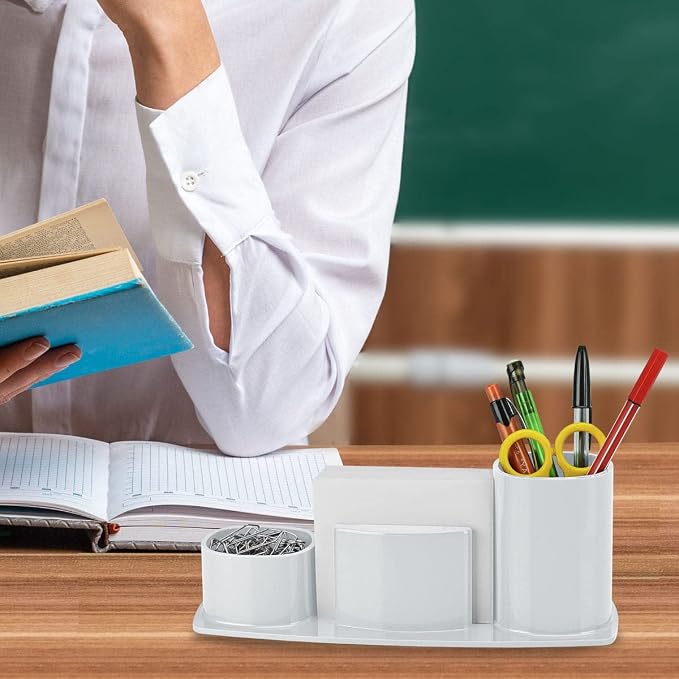 Acrimet Millennium Desk Organizer Cup Caddy – Plastic Desktop Holder for Pen, Pencil, Clips, Desk Accessories & Memo Paper – Includes 200 Sheets of Memo Paper (White Color)