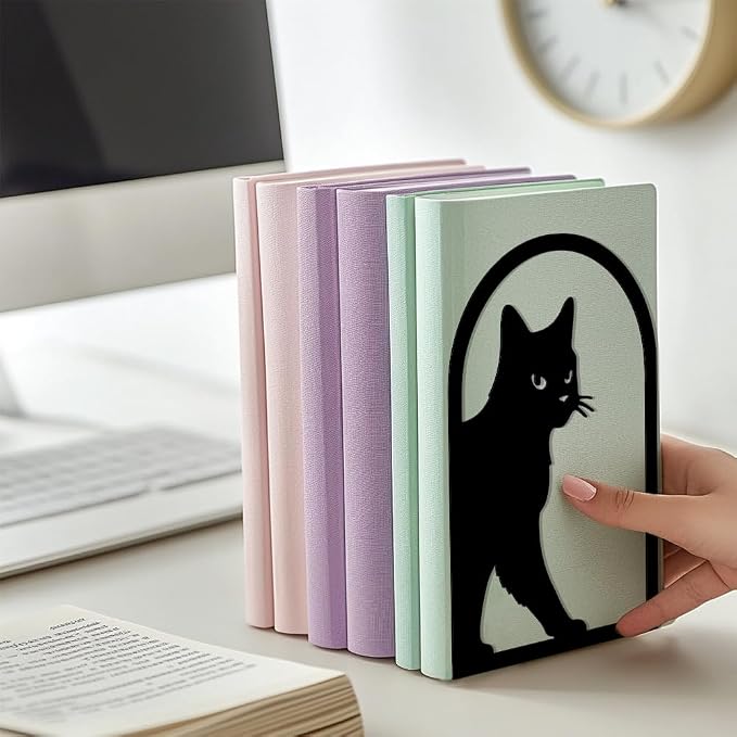 Peacoblue Metal Bookends for Shelves, Modern Decorative Heavy Duty Study Book Support Stoppers for Office, Desk, Shelf, Room 5.3"x4.3"x7.9" Cast Iron Simple Tall Bookends, 1 Pair (Cute Cat)