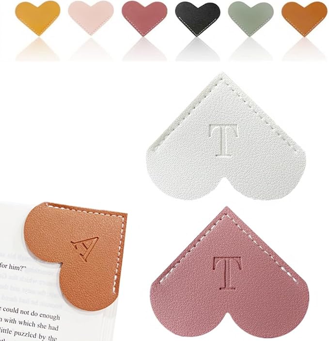 Personalized Leather Heart Bookmark, 26 Letters Customized Corner Book Mark for Reading Women, Book Marker with Initials，Cute Gifts (White+Deep Pink, T)