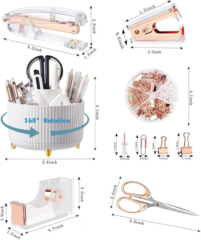 Gawsey Pink Desk Organizers and Accessories with Desk Organizer 360° Rotating Pen Holder and Office Supplies, Cute Stationery Supplies Set