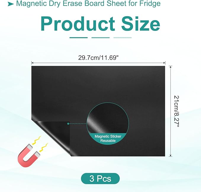 PATIKIL Magnetic Dry Erase Board Sheet for Fridge, 3 Pcs 12 x 8 Inch Erasable Refrigerator Whiteboard for Kitchen for Home Kitchen Organizer Planner Office Storage, Black (1mm)
