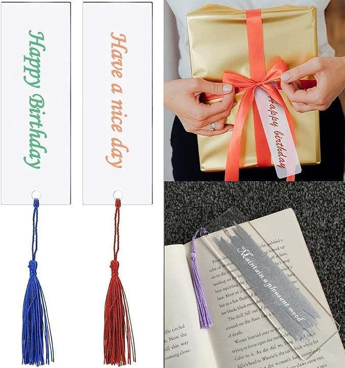 Clear Acrylic Bookmark, BetterJonny 30 Set Plastic Blank Book Page Mark with Colorful Tassels Small Transparent Craft Tags for DIY Classroom Projects and Gift Tag