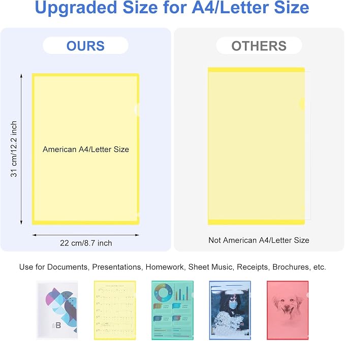 100 Pack Plastic Document Folders Colored Clear File Folders Plastic Pockets Sleeves Letter Size 8.7 x 12.2 Inches A4 Assorted Colors for Office Supplies (Multicolor)