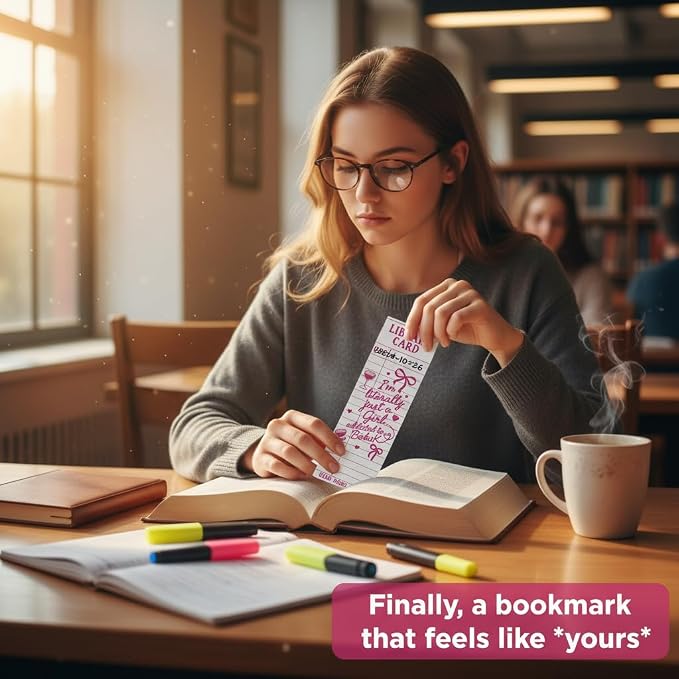 Vintage Library Card Bookmarks Bulk - 100Pcs Pink Retro Reading Quote Book Marks, Matte Thick Paper Book Marks for Reading Women, Book Club Gifts