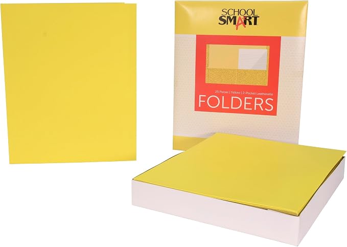 School Smart 2-Pocket Folders with No Brads, Yellow, Pack of 25