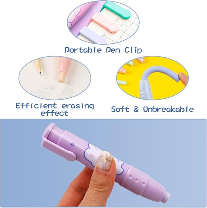 Cute Pencil Erasers, Kids Retractable Erasers with Refills, Standard Pen-Style Erasers, Fun Click Erasers, Kawaii Japanese Stationery Supplies (Purple)