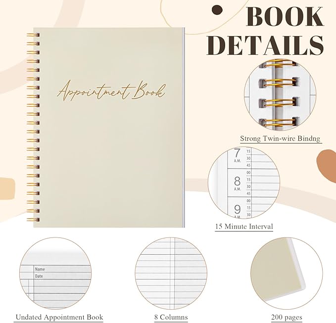 Maitys 2026-2027 4 Column Salon Appointment Book for Hairstylist Spa Business, Hourly Planner 15 Minute Interval, 200 Pages Undated 6 Am 9 Pm Spiral Bound Checklist Planner(Beige, Minimalist)