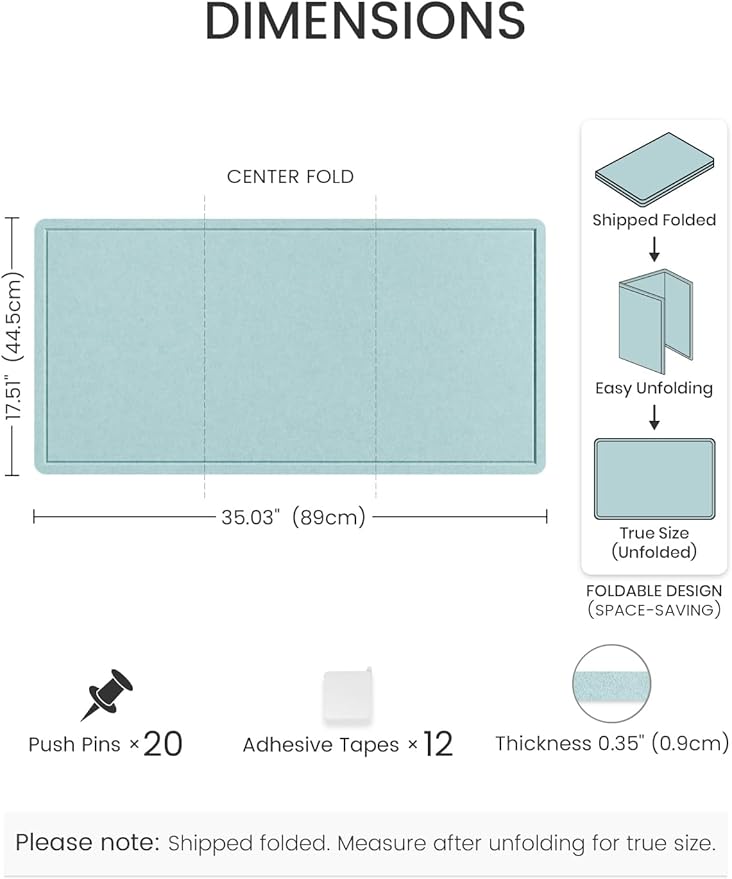 Fluxynara Bulletin Board, 35" x 17.5" Cork Board Alternative with 12 Safe Removable Adhesive Tabs, Foldable Felt Pin Board for Home Office, Classroom, Bedroom,Entryway for Walls—Aqua Blue