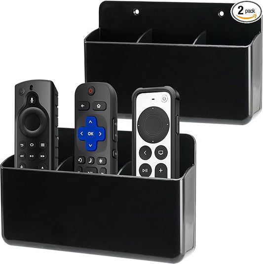 Remote Control Organizer, 2 Pack, Black | 3 Slot Wall Mount, Self Adhesive, For TV Remote, Marker & Pen, For Home, Office, School