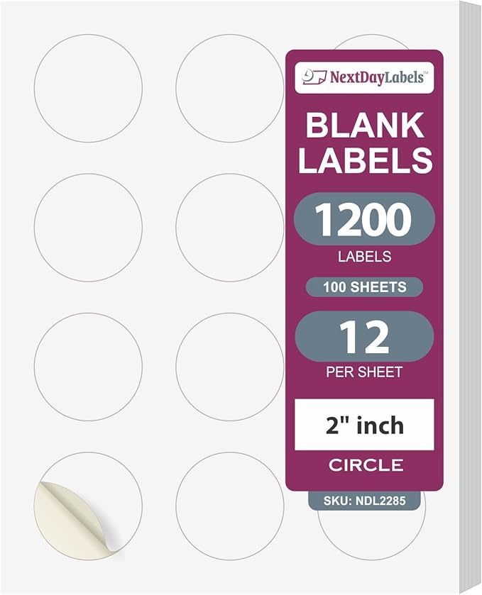 NextDayLabels 2 Inch Round Circle Stickers White for Bleeds Laser Inkjet - 12 Per Sheet Self-Adhesive Candle Jar Product Lids Made in USA - 1200 Labels
