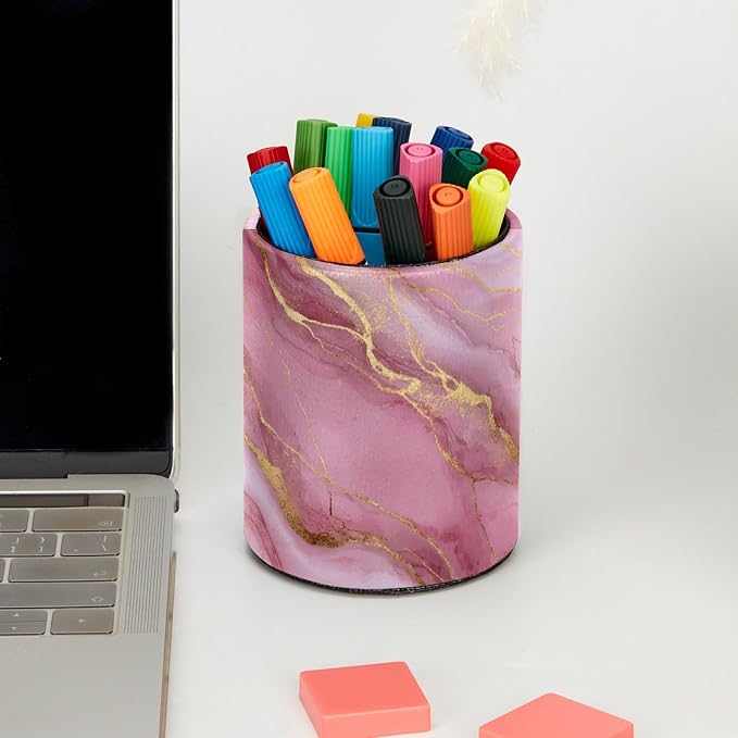 Pink Gold Marble Leather Pen Holder for Desk, Multifunctional Desktop Organizer Pencil Cup, Desktop Caddy Stationery Organizer for School Home Office Desk Accessories