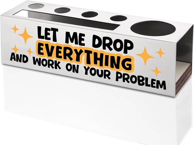 FOKCBOCM Funny Office Pen Holder with Sarcastic Message, Stainless Steel Desk Organizer Gift for Coworker, Professional Humor Workspace Decor, Work Interruption Joke Accessory-DS122