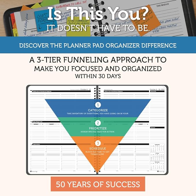 Planner Pad Spiral Bound 3-Tier Funnel Down 12 Month Organizer, October 2025 – September 2026, Black Cover/Black Ink, 8 1/2" x 11"