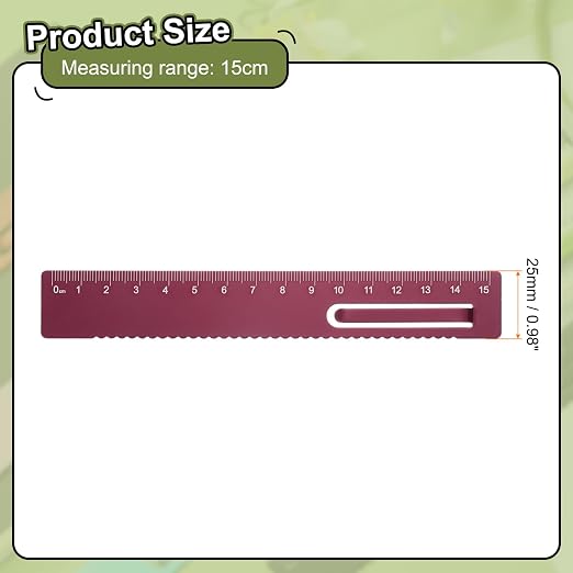 HARFINGTON Straight Ruler 15cm Metric Metal Aluminum Alloy Measuring Bookmark Clip Ruler Scale Tool for Measure Study Reading Classroom Office, Dark Red