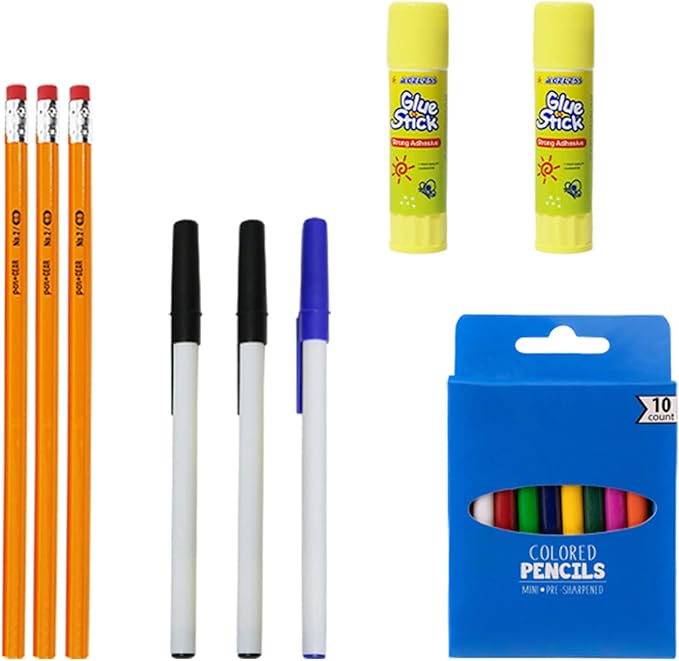 34 Piece Bulk School Supplies Kit for K-12 - Essential Box of School Supplies for Elementary, Middle, and High School Students - Pens, Pencils, Crayons