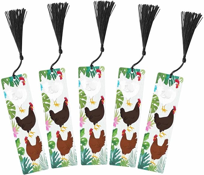 Cute Chickens Bookmarks 5 Pcs Floral Palm Leaves Cartoon Hen Wooden Bookmark with Tassels for Reading Book Lovers Gift Office School Readers Teacher